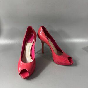 Dior Miss Dior Pink Coral Patent Leather Peep Toe Stiletto Heels Pumps size 38.5